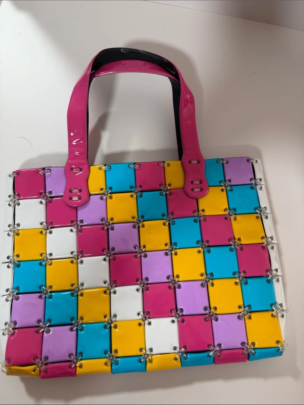 Color-Block Pink Handle Mosaic Tote Bag